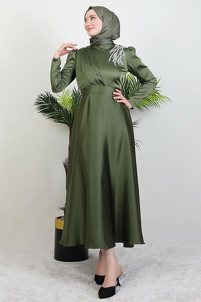 GİYZAMİLA Rochie de seara din satin cu pietre pe umeri Kaki