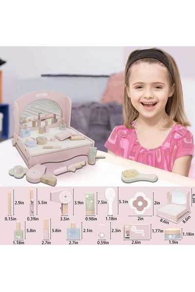 COOYA Wooden Makeup Toy Set Salon Playset with Wood Pretend Dress Up Beauty Play Kit for Girl Kids(18pcs)