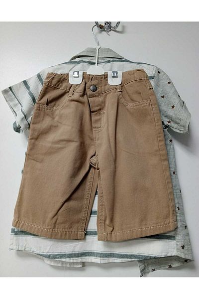 lessotto Patterned Shirt and T-Shirt Denim Shorts Bottom-Top Set with Chest Pocket