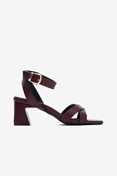 Seniorah Burgundy Skin Ankle Buckle Detailed Women's Thick Heeled Shoes