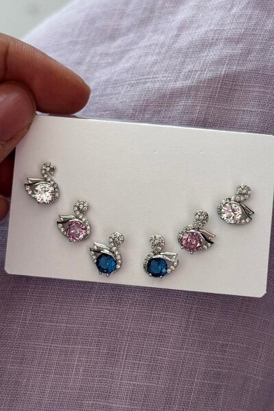 TAKIŞTIR Set of 6 Mixed Color Swan Figured Stone Detailed Earrings