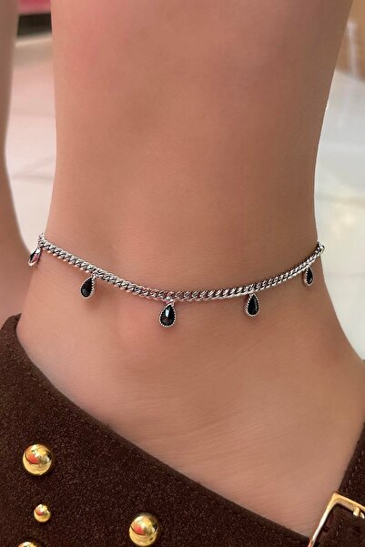 TAKIŞTIR Silver Color Black Stone Detailed Ysx Anklet