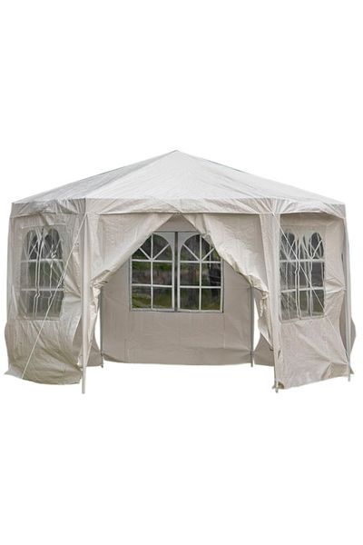 zola Pavilion de gradina hexagonal, 2 x 2 x 2.6 m, pereti detasabili, cadru otel, polietilena, alb