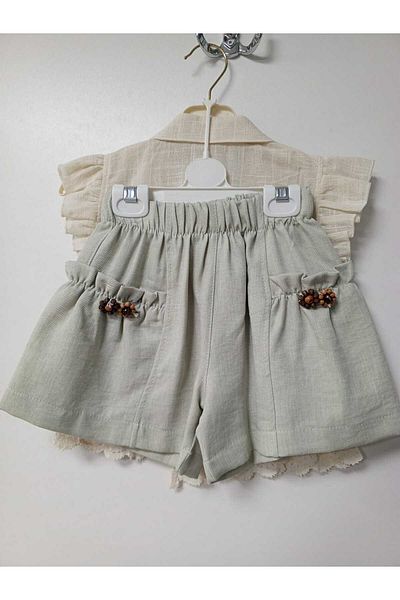 Obella Shirt Collar Ruffle Sleeve Shirt and Elastic Waist Shorts Bottom-Top Set