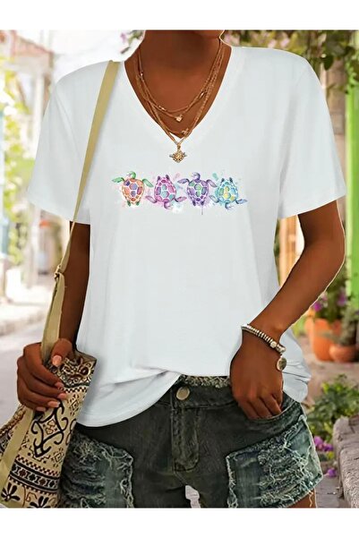 FUFLUNS Small Turtles Printed Women's Oversize V-Neck T-Shirt