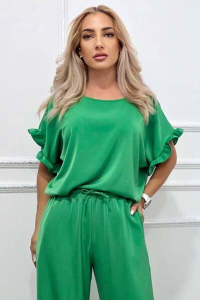 FashionForYou Bluză NORYA vaporoasă, cu mâneci scurte și volane, Verde