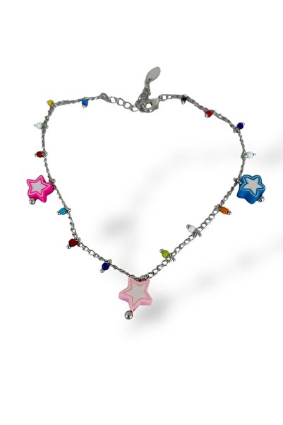 TAKIŞTIR Silver Color Star Figured Bead Detailed Ysx Anklet