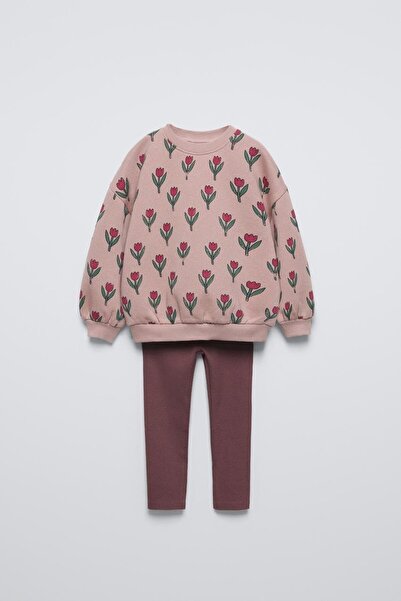 Magu Girls Cotton Pink Floral Print Sweatshirt and Leggings Bottom-Top Set - ...