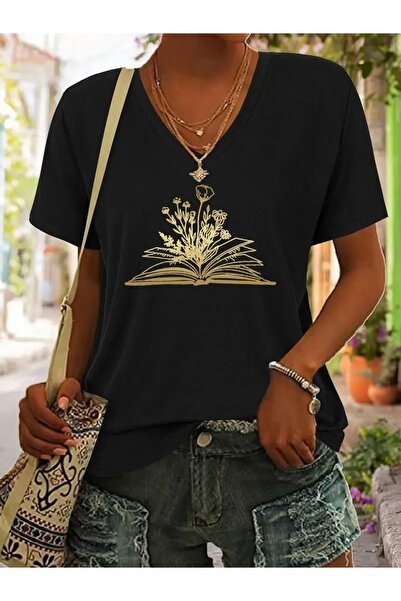 FUFLUNS TRICOU DE DAMĂ OVERSIZE CU GULER ÎN V CU IMPRIMEU FLOWERS BOOK