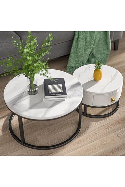 Türkiye Coffee Table Nesting Table Round Coffee Table with Storage Suitable Black Frame Round Marble Pattern