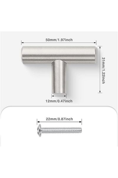Generic T-Bar Cabinet Handle, 50mm Length, Brushed Stainless Steel, with 22mm Mounting Screw