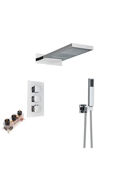 Rain Drop De la Robinetul Meu Set de dus tip cascada , baterie cu TERMOSTAT incastrat si 3 funtii curgere, din alama, crom