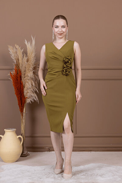 BEYBOS Atlas Kumaş Gül Detaylı Kalem Elbise - Fıstık Yeşili