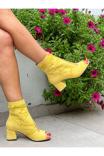 BERFONA Smile Yellow Suede 5 cm Heel Summer Boots Sandals