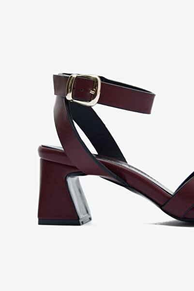 Seniorah Burgundy Skin Ankle Buckle Detailed Women's Thick Heeled Shoes