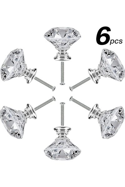 Tepengdie 6 PCS Cabinet Knobs with Screws, 30mm Drawer Handles Crystal Glass Diamond Shaped Cupboard