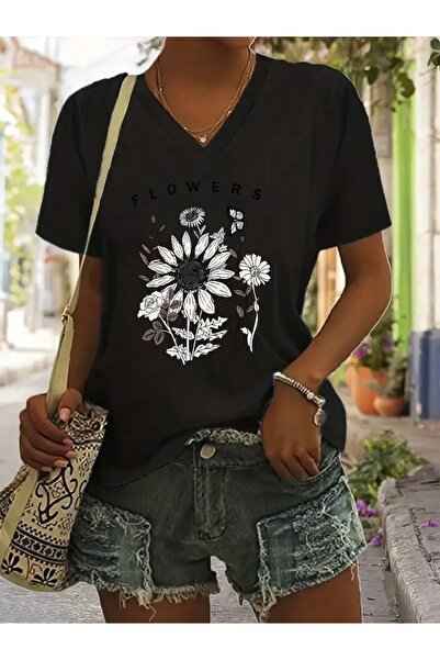 FUFLUNS تي شيرت نسائي كبير الحجم برقبة على شكل حرف V مطبوع عليه زهور