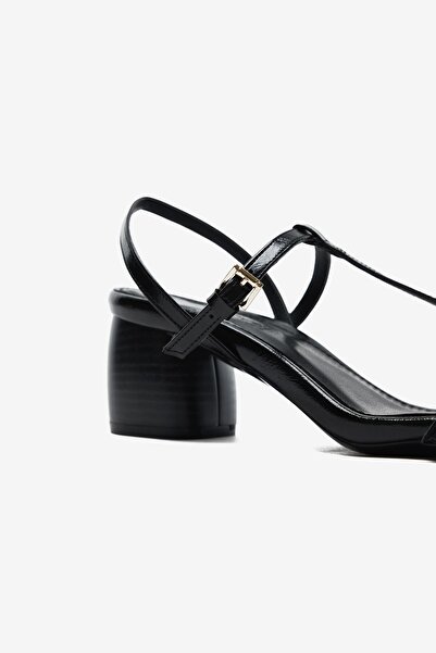 Seniorah Black Patent Leather Thin Strap Women's Thick Heeled Shoes