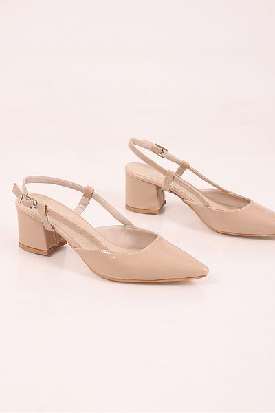 SHOESSHOPS Open Back Thick Heel Beige Women's Heeled Shoes