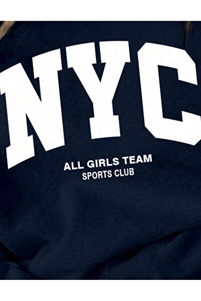 trendgar Női NYC nyomott mintás sötétkék pulóver