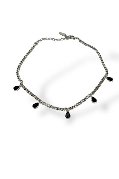 TAKIŞTIR Silver Color Black Stone Detailed Ysx Anklet
