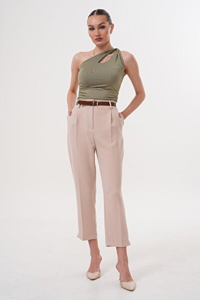 Flame İstanbul Butik Pantaloni cu curea cu fantă bej - SRP4025