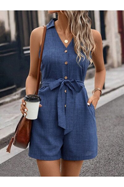 ALPACO Women's Zero-Sleeve Collared Buttoned Waist Belted Short Linen Jumpsuit -Collection