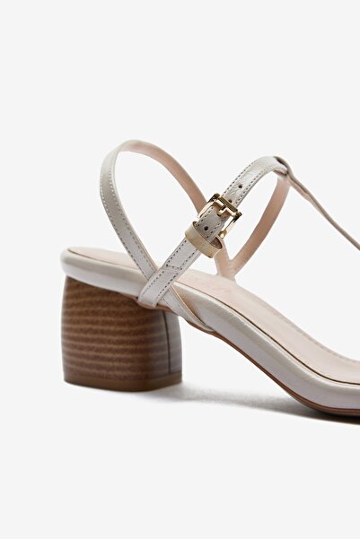 Seniorah Cream Patent Leather Thin Strap Women's Thick Heeled Shoes