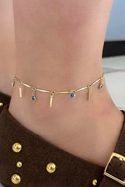 TAKIŞTIR Gold Color Evil Eye Bead Figured Ysx Anklet