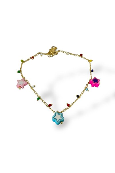 TAKIŞTIR Gold Color Star Figured Bead Detailed Ysx Anklet