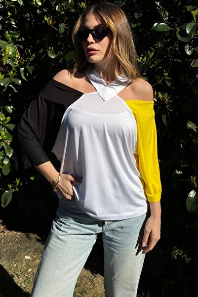 NEW LAVİVA Jumătate mânecă neagră și galbenă pentru femei, guler decoltat cu ...