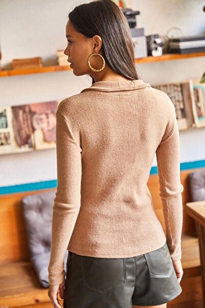 NEW LAVİVA Camel μακρυμάνικο για γυναίκες, γιακάς πόλο, απαλή υφή, κανονική εφαρμογή, μπλούζα κανονικού μεγέθους