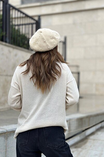 NEW LAVİVA Women's Beige Soft Textured Buttoned Knitwear Sweater, Long Sleeve, Regular Fit, Standard Size