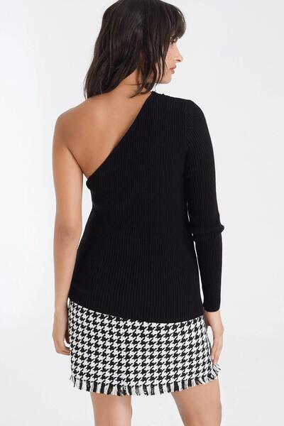 NEW LAVİVA Women's Black Button Detailed Houndstooth Patterned Mini Short Knitwear Body