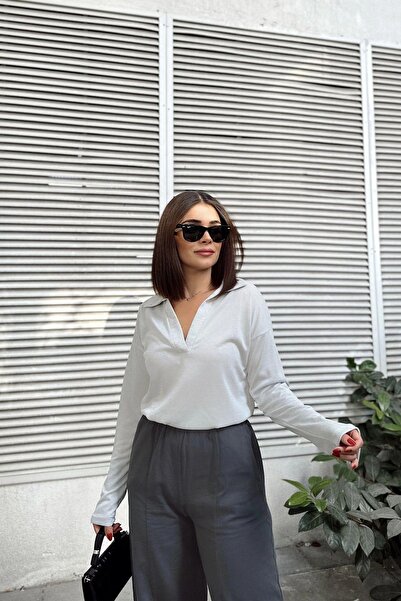 NEW LAVİVA Women's Mint Polo Collar Linen Blouse, Long Sleeve, Regular Cut, Casual and Sports Quality Fabric Sweatshirt