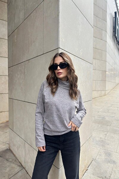 NEW LAVİVA Gray & Powder Tone Soft Fabric Patterned Long Sleeve Turtleneck Women's Blouse - Button Detail