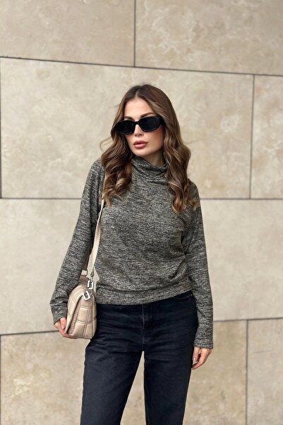 NEW LAVİVA Women's Khaki Self Patterned, Soft Fabric, Long Sleeve, Button Detailed, Throat Blouse