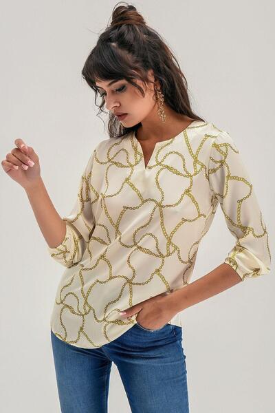 NEW LAVİVA Γυναικεία μπλούζα εκρού με λαιμόκοψη V με στάμπα με αλυσίδα, μανίκι τριών τετάρτων, κανονική εφαρμογή, κανονικό μήκος