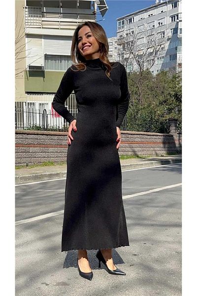 AYSL BUTİK Black Stand Collar Long Knitwear Dress