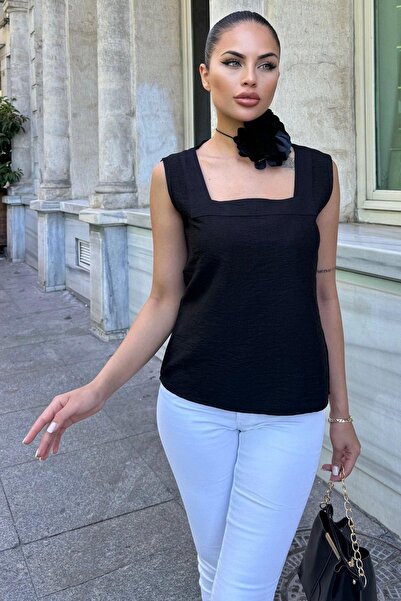 NEW LAVİVA Kadın Siyah Kalın Askılı, Kare Yaka, Salaş Keten Bluz