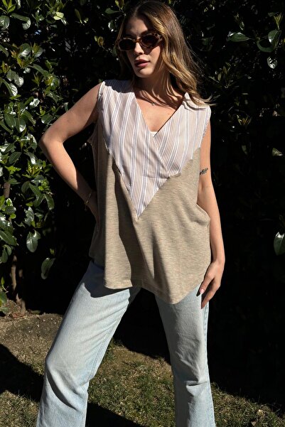 NEW LAVİVA Γυναικεία μπεζ διπλό στήθος V-λαιμόκοψη, αμάνικη, έγχρωμη μπλούζα, φαρδιά μπλούζα