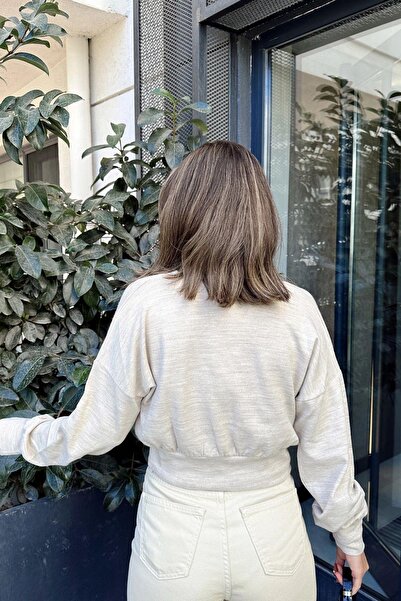 NEW LAVİVA Γυναικείο μπεζ μακρύ μανίκι με κουμπιά με λεπτομέρεια, μπλούζα με διπλό στήθος