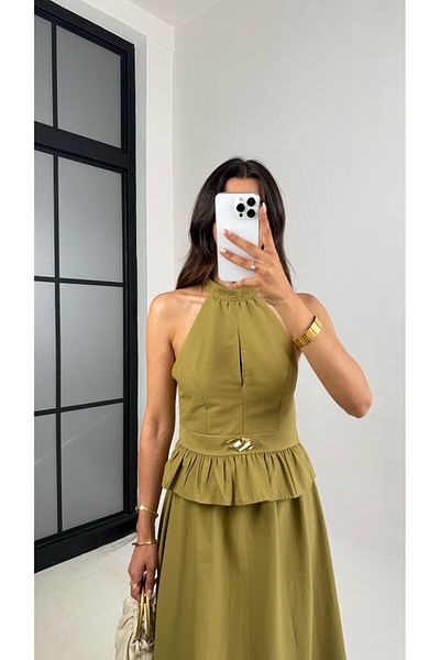 My Blog Khaki Gold Buckle Halter Neck Blouse Skirt Set - 251031