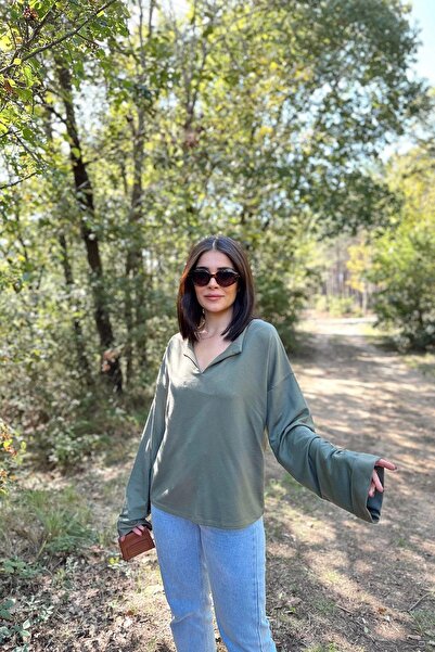 NEW LAVİVA Women's Khaki Long Sleeve, Double Cuff, Split Collar, Loose Sweatshirt Blouse
