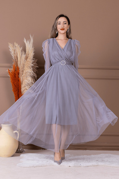 BEYBOS Tül Kumaş Kruvaze Yaka Taş Kemer Detaylı Elbise - GRİ