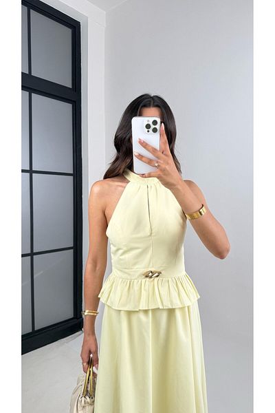 My Blog Yellow Gold Buckle Halter Neckline Blouse Skirt Set - 251031