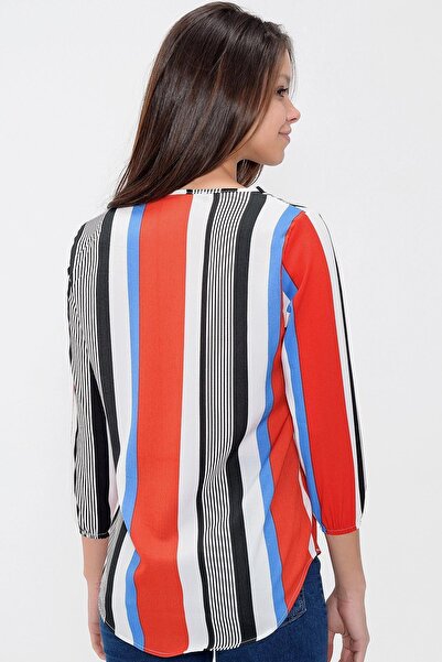 NEW LAVİVA Women's Red Collar Slit Crepe Blouse Three Quarter Sleeve Striped and Wear Out - Suitable for Hijab