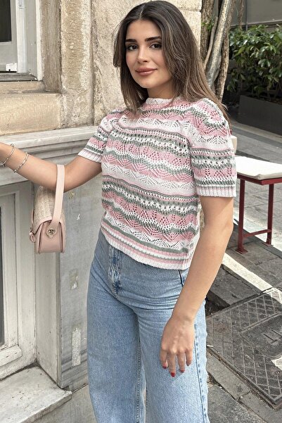 NEW LAVİVA Ecru Women's Knitwear Blouse - Short Sleeve, Anti-Sweat, Loose Fit