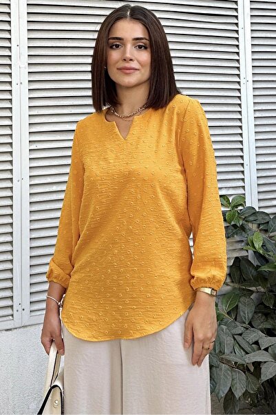 NEW LAVİVA Μουστάρδα μακρύ μανίκι τριών τετάρτων, γιακάς φιλιού, μπλούζα βασι...