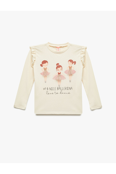 Koton Ballerina Print Long Sleeve Crew Neck Cotton T-Shirt